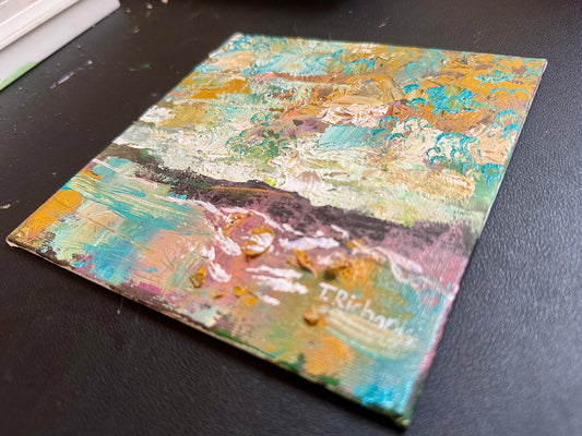 Original Oil Painting 6x6" – Sunrise Ocean Seascape – Ocher and Blue Coastal Art – Small Landscape on Canvas Panel – Sea Wall Decor