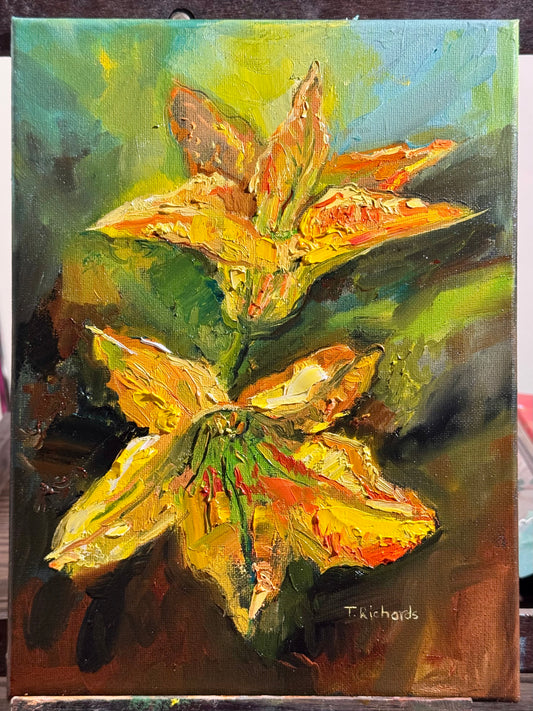 Zucchini Blossoms Oil Painting 9x12, Original Art Garden Still Life, Yellow Squash Flowers, Botanical Artwork on Canvas