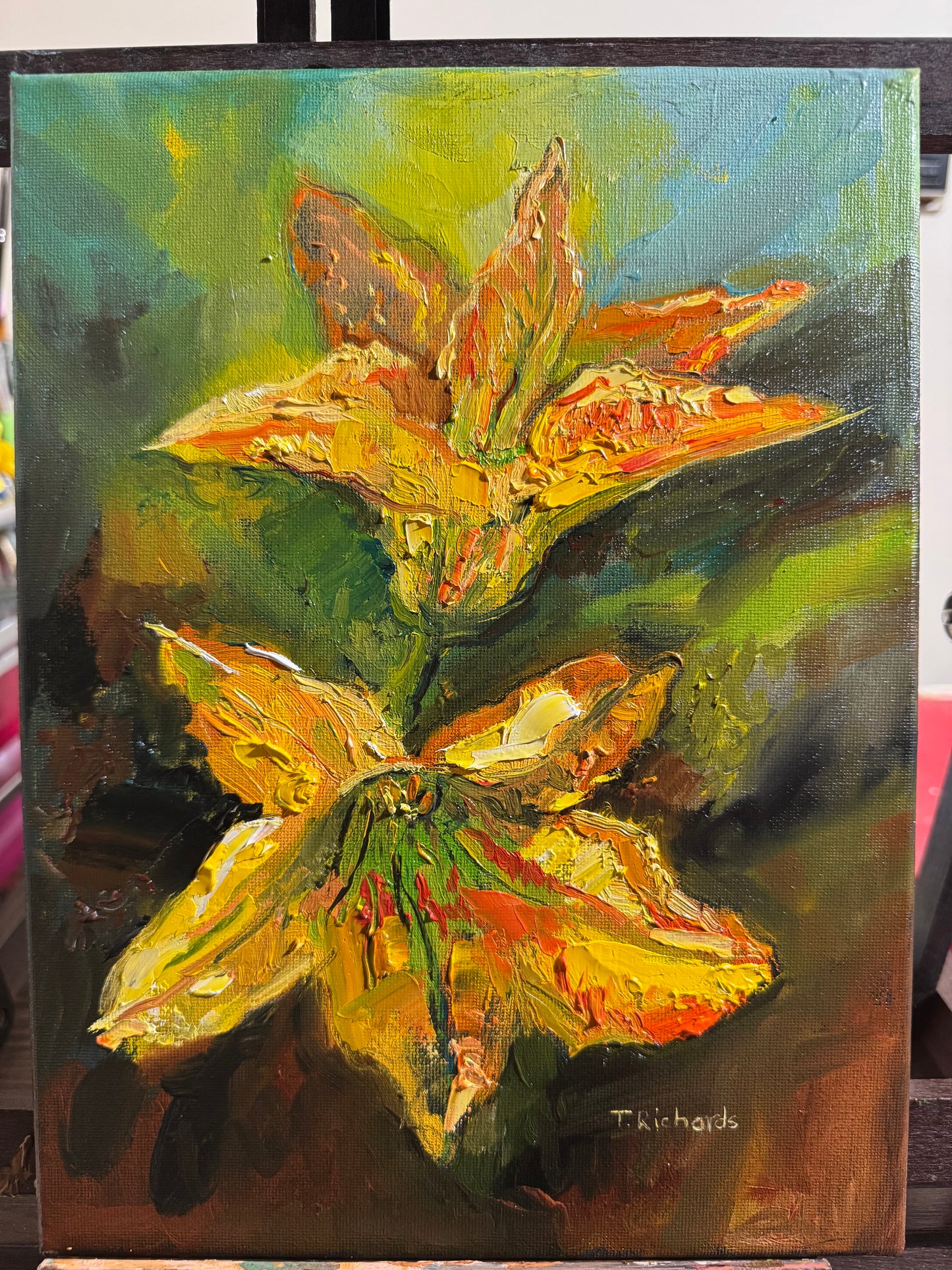 Zucchini Blossoms Oil Painting 9x12, Original Art Garden Still Life, Yellow Squash Flowers, Botanical Artwork on Canvas