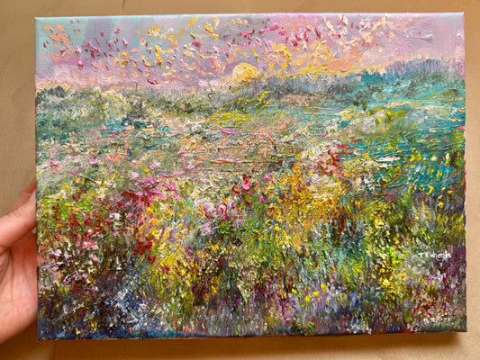 Sunrise Forest, Wildflower Landscape Field Original Art, 9x12 Oil Painting Artwork, Handmade Wall Art Nature Scene