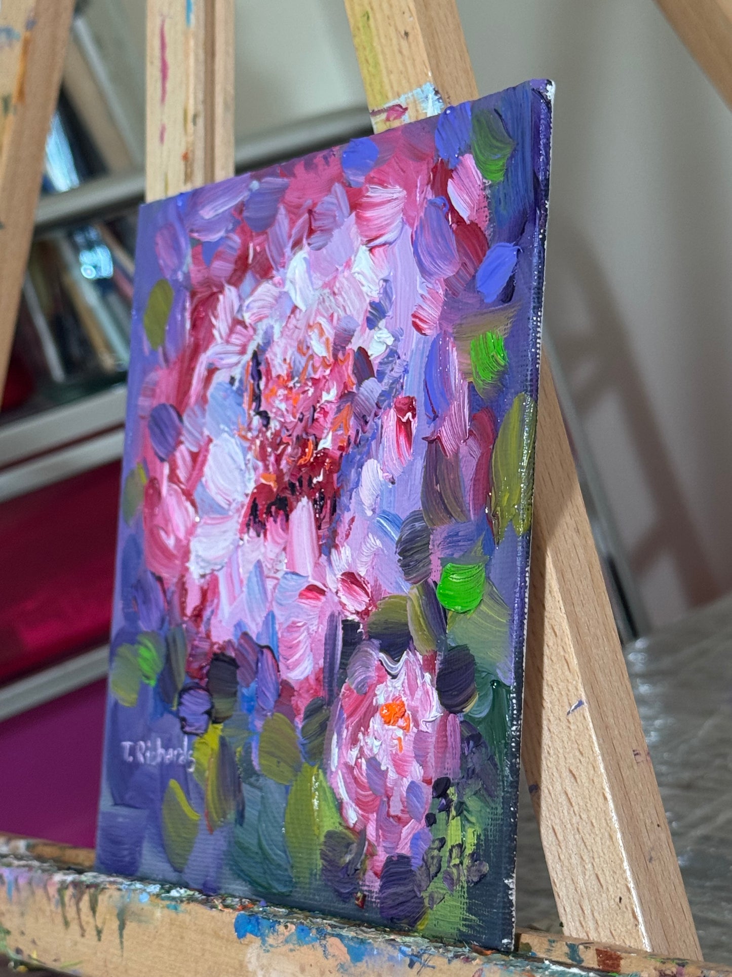 Original Oil Painting 6x6” — Pink Peony and Bud Floral Wall Art Small Flower Still Life Botanical Artwork Canvas Panel Gift for Her