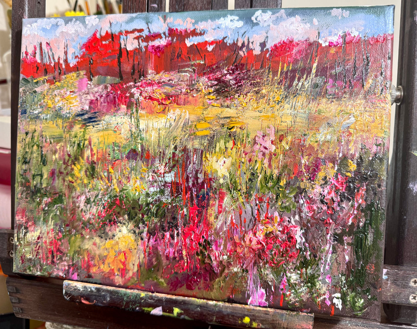 Fall in Maine Oil Painting 9x12", New England Landscape, Red Trees Forest and Wildflower Field, Stretched Canvas Wall Art