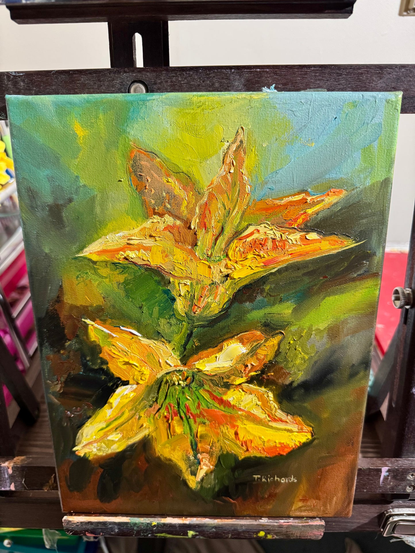 Zucchini Blossoms Oil Painting 9x12, Original Art Garden Still Life, Yellow Squash Flowers, Botanical Artwork on Canvas