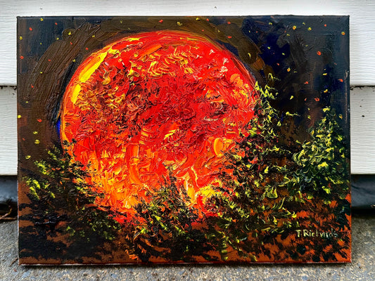 Original Oil Painting 9x12" – Red Moon Night Forest Landscape – Pine Trees Gothic Witchy Wall Art – Textured Dark Nature Artwork