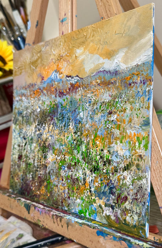 Original Oil Painting 8x10" – Wildflower Meadow Sunset – Mountain Landscape – Floral Nature Scene – Canvas Panel Wall Art