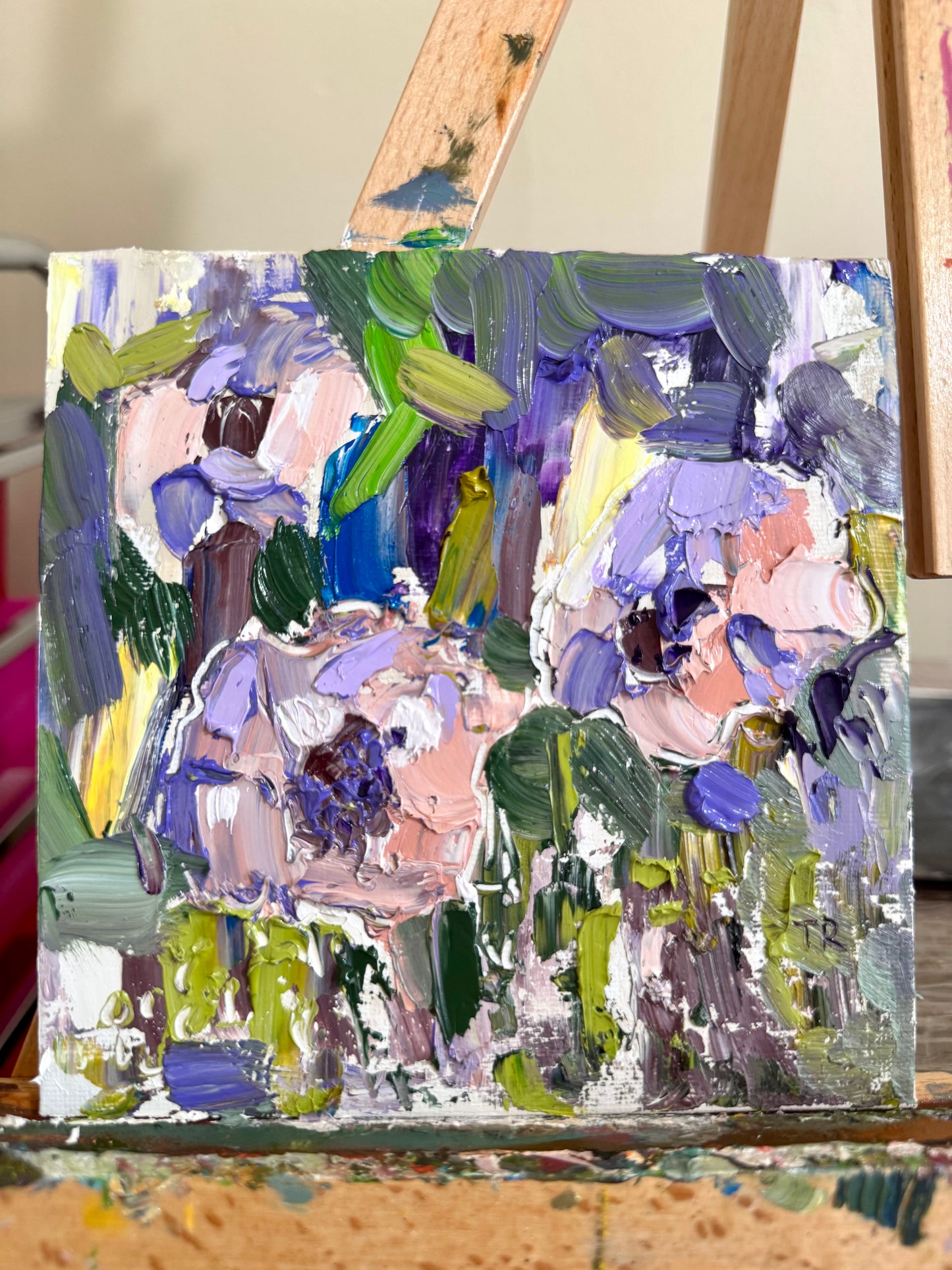 Original Oil Painting 6x6" – Three Peonies – Impasto Floral Still Life – Textured Flower Art – Small Canvas Panel