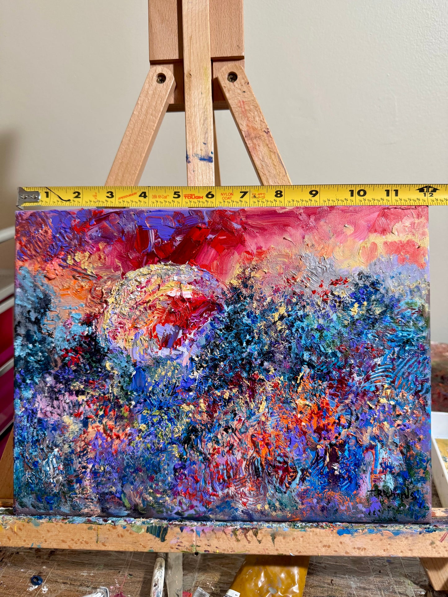 Original Oil Painting 9x12" – Blood Red Moon Gothic Night Forest – Pine Tree Wall Art Witchy Textured Expressionist Nature Artwork