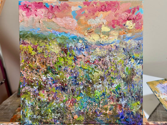 Sunset Oil Painting 8x8, Original Art, Wildflower Field Artwork, Pink Sky Landscape, Nature Wall Decor
