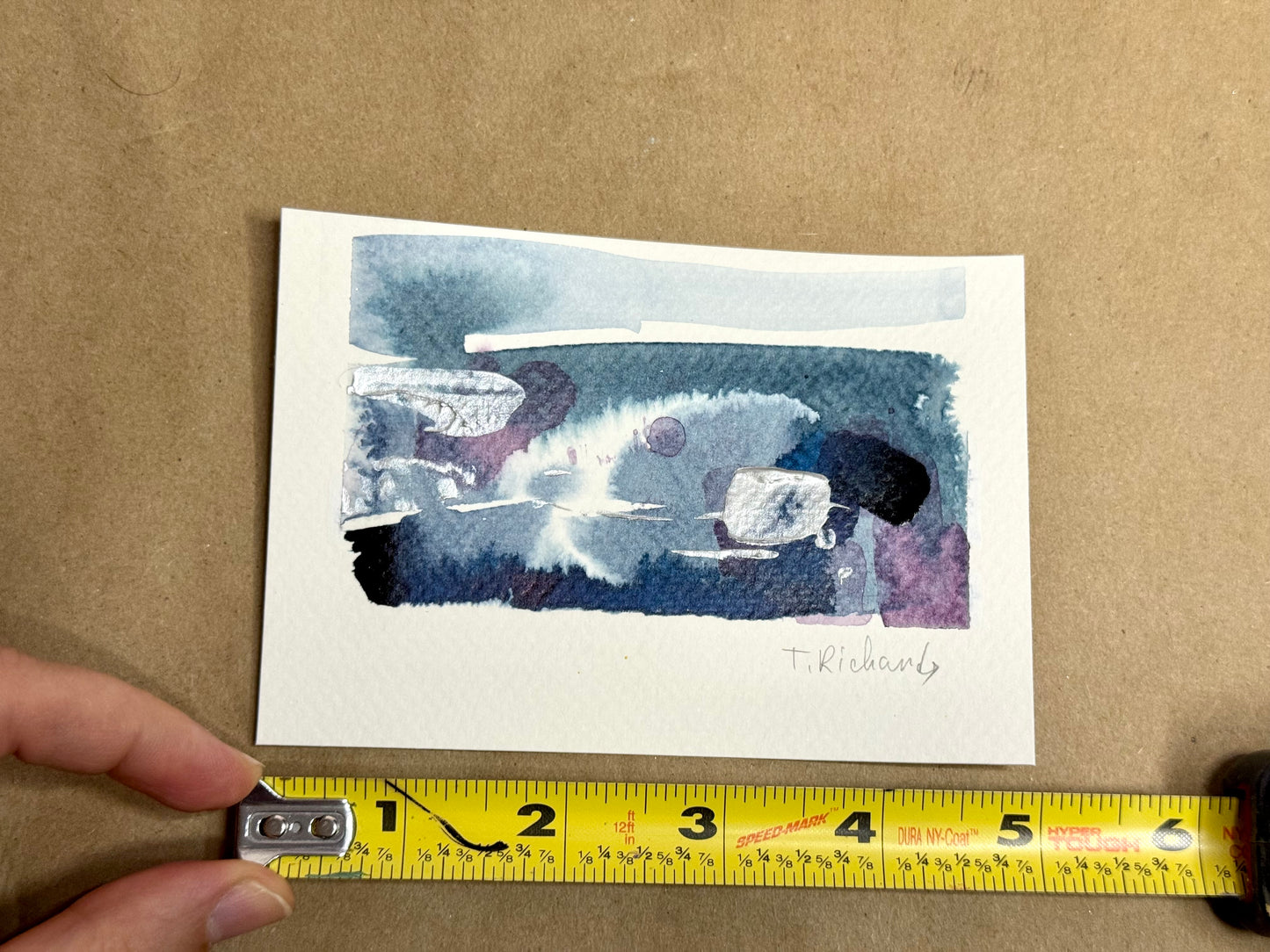 Blue Hour Painting Original Art, Night Abstract Landscape, Acrylic on Paper 3.5x5"