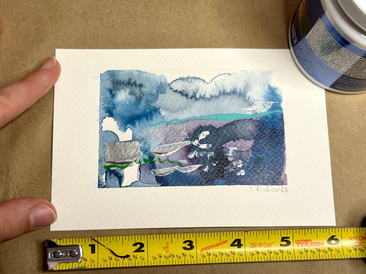 Blue Hour Abstract Painting, Original Art, Night Landscape, Acrylic on Paper 4x6"