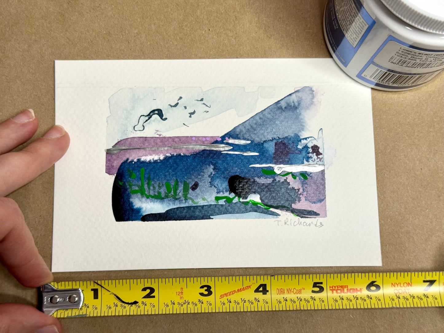 Blue Hour Painting, Original Art, Night Abstract Landscape, Acrylic on Paper 4x6"