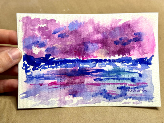Purple Seascape Original Art, Ocean Painting, Abstract Artwork, Gouache on Paper 4x6"
