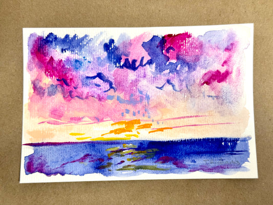 Ocean Sunrise Original Art, Seascape Painting, Abstract Artwork, Coastal Wall Art, Gouache on Paper 4x6"