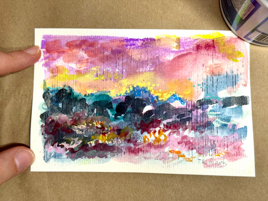 Sunset Seascape Painting, Mountain Original Art, Ocean Artwork, Abstract Landscape 4x6"