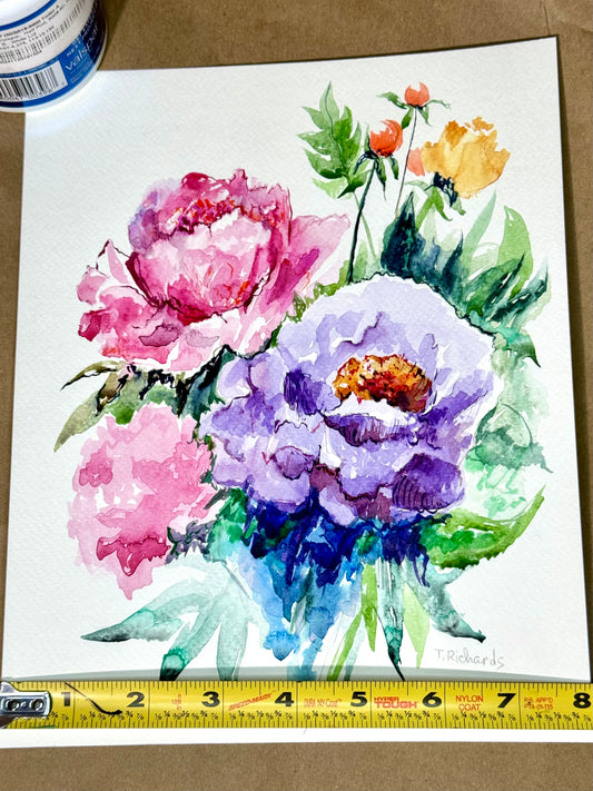 Pink and Purple Peonies Watercolor Painting, Original Floral Art, Peony Flower 8x10"