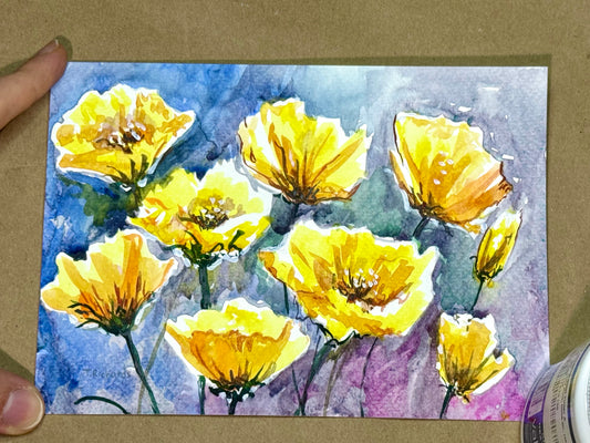 California Poppy Watercolor Painting, Original Art, Flower Botanical Artwork, Floral 5x7"