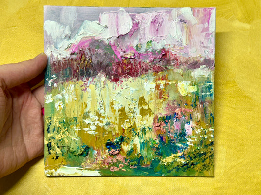 Meadow Oil Painting 6x6, Original Art Landscape, Forest Field, Small Nature Art