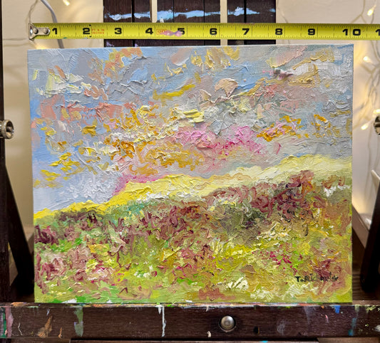 Spring Sunrise Field, 8x10 Original Art Oil Painting, Wildflower Landscape on Canvas Panel