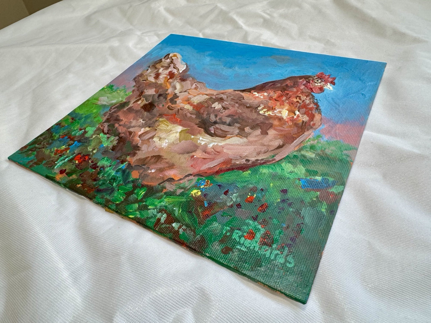Acrylic painting ORIGINAL art Hen artwork Chicken Farm Animal Pet Signed 8x8