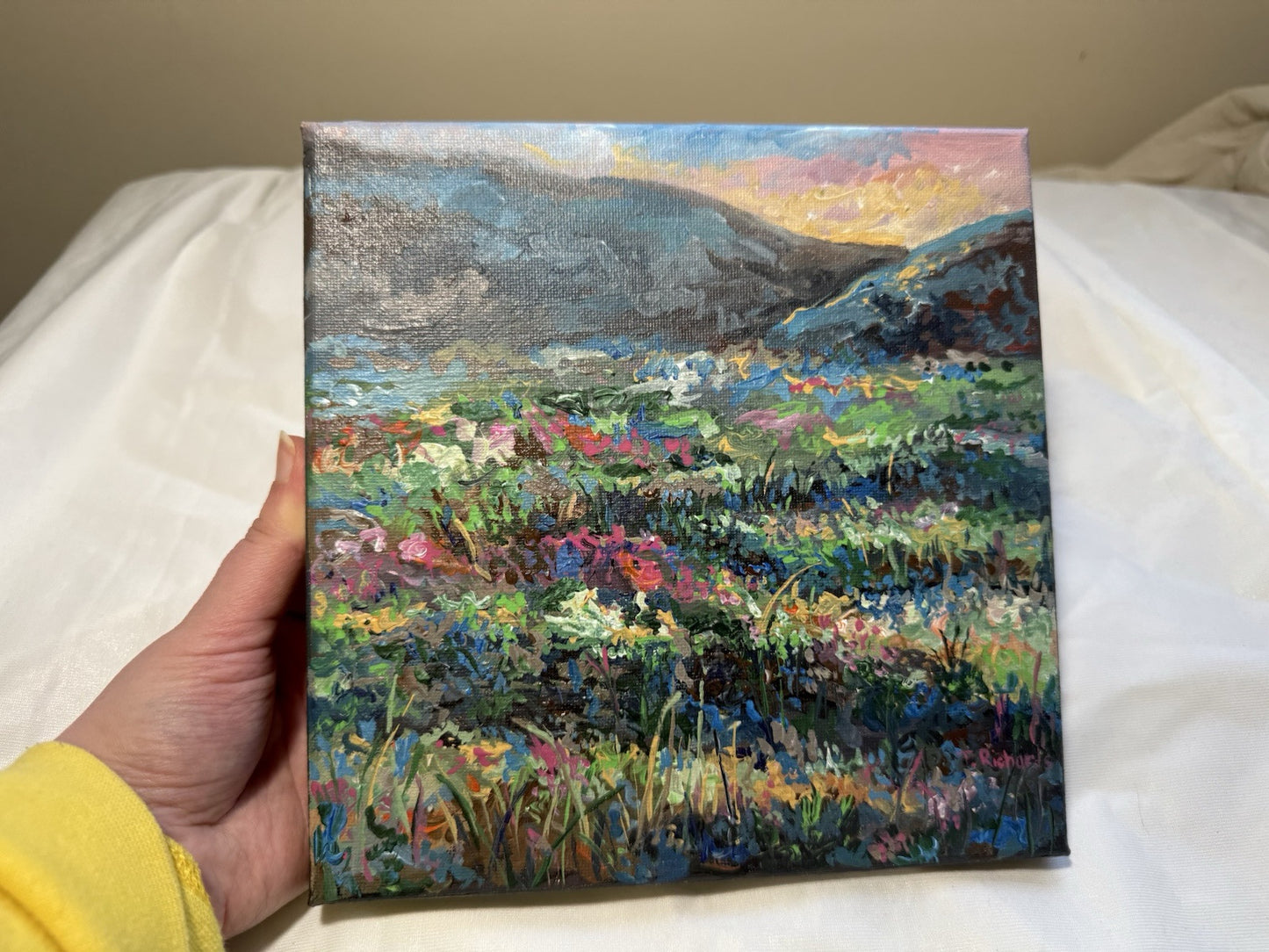 Meadow Flower Field Acrylic painting ORIGINAL art Mountain Sunset Landscape 8x8"