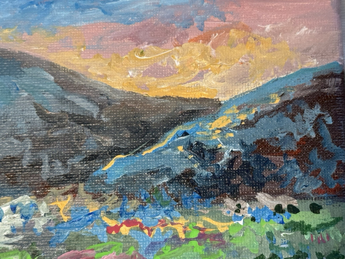 Meadow Flower Field Acrylic painting ORIGINAL art Mountain Sunset Landscape 8x8"