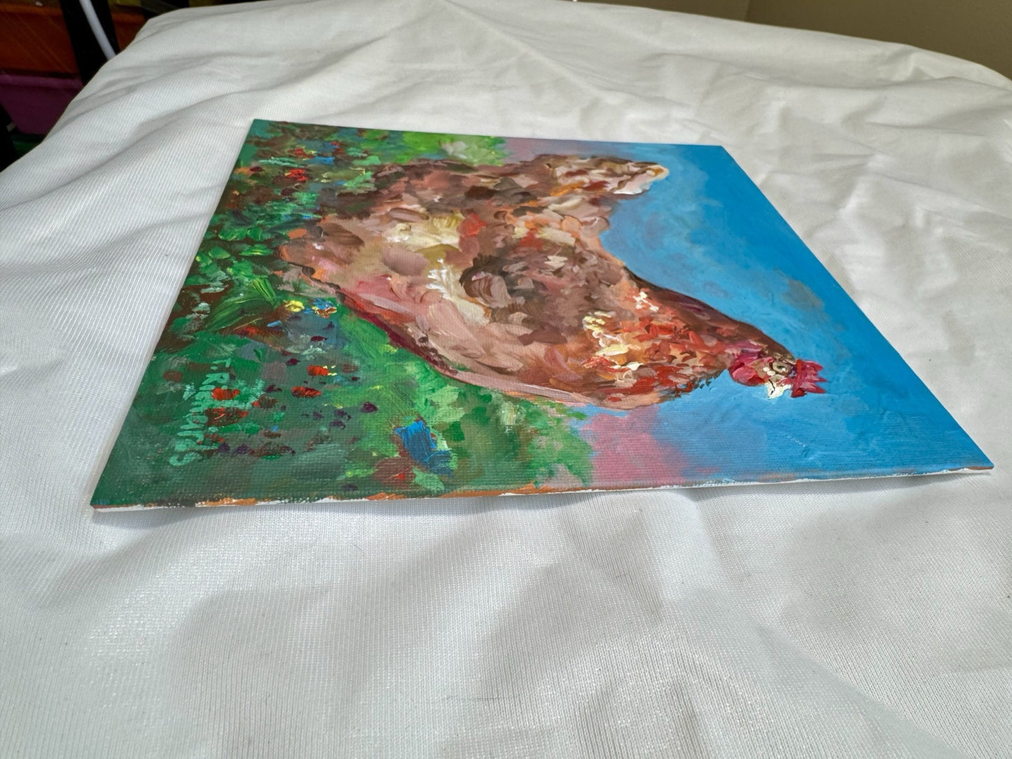 Acrylic painting ORIGINAL art Hen artwork Chicken Farm Animal Pet Signed 8x8