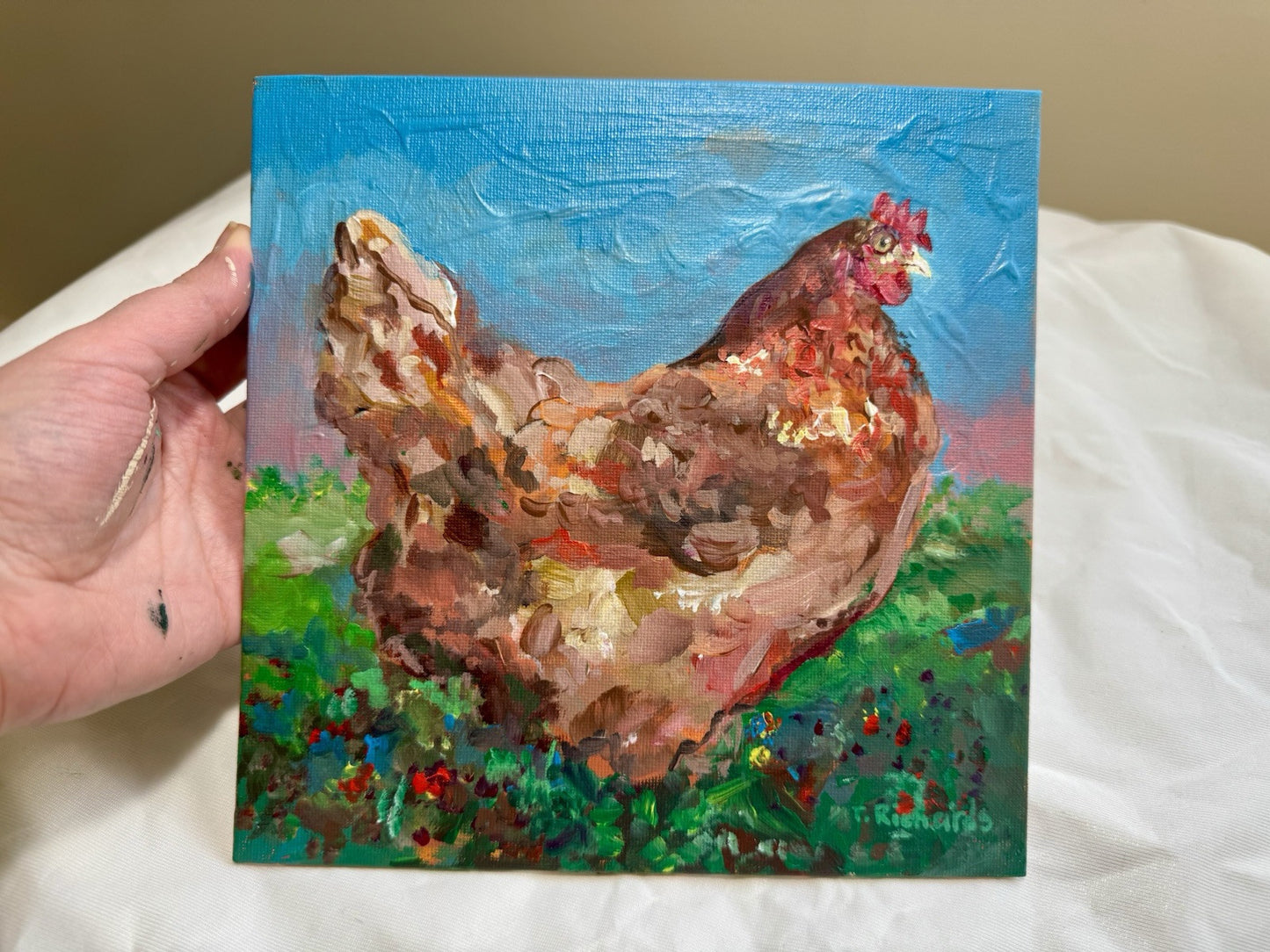 Acrylic painting ORIGINAL art Hen artwork Chicken Farm Animal Pet Signed 8x8