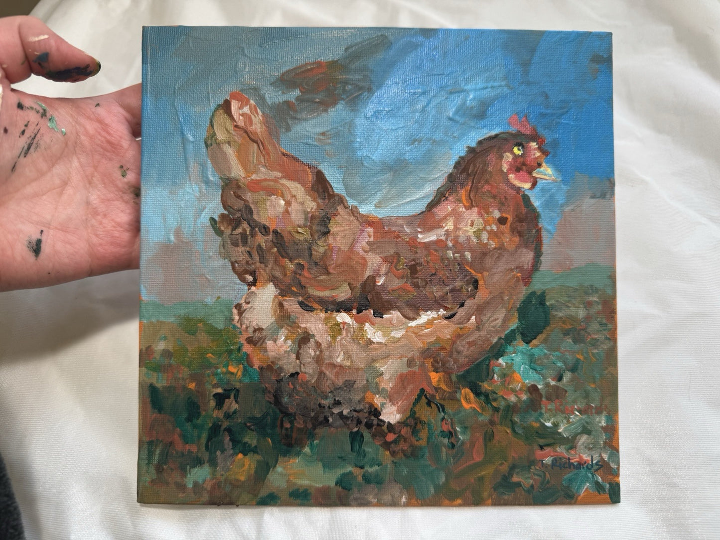 Acrylic painting ORIGINAL art Hen artwork Chicken Farm Animal Pet Signed 8x8