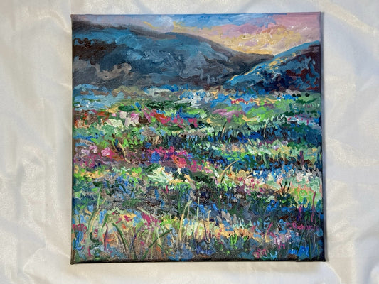 Meadow Flower Field Acrylic painting ORIGINAL art Mountain Sunset Landscape 8x8"