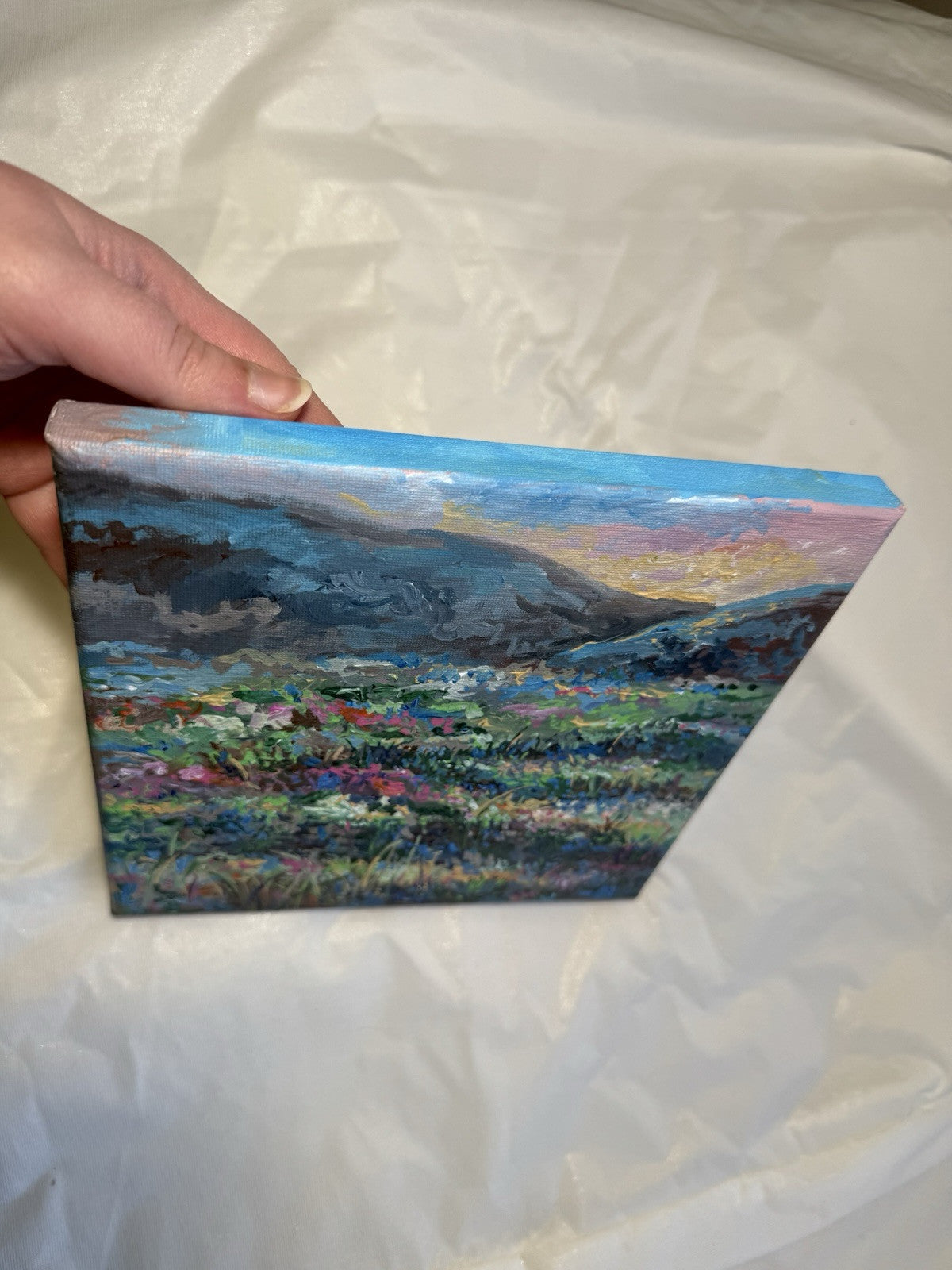 Meadow Flower Field Acrylic painting ORIGINAL art Mountain Sunset Landscape 8x8"