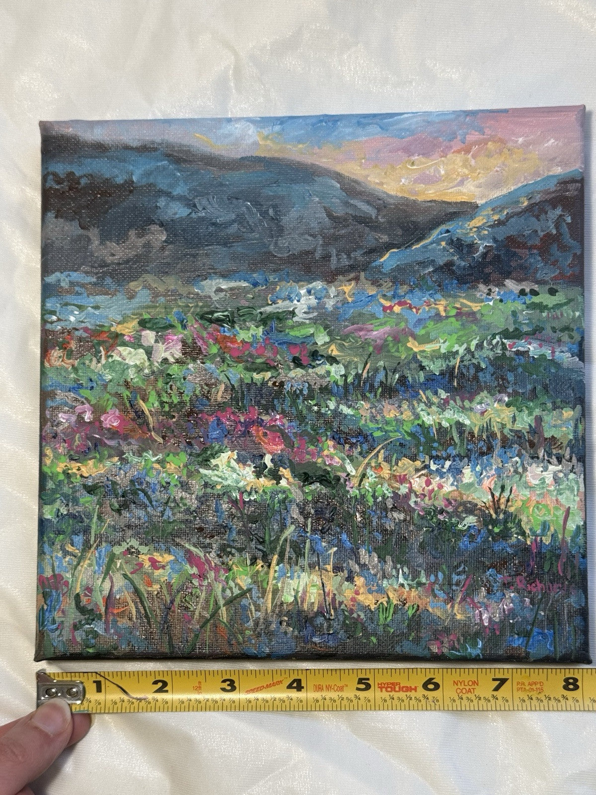 Meadow Flower Field Acrylic painting ORIGINAL art Mountain Sunset Landscape 8x8"