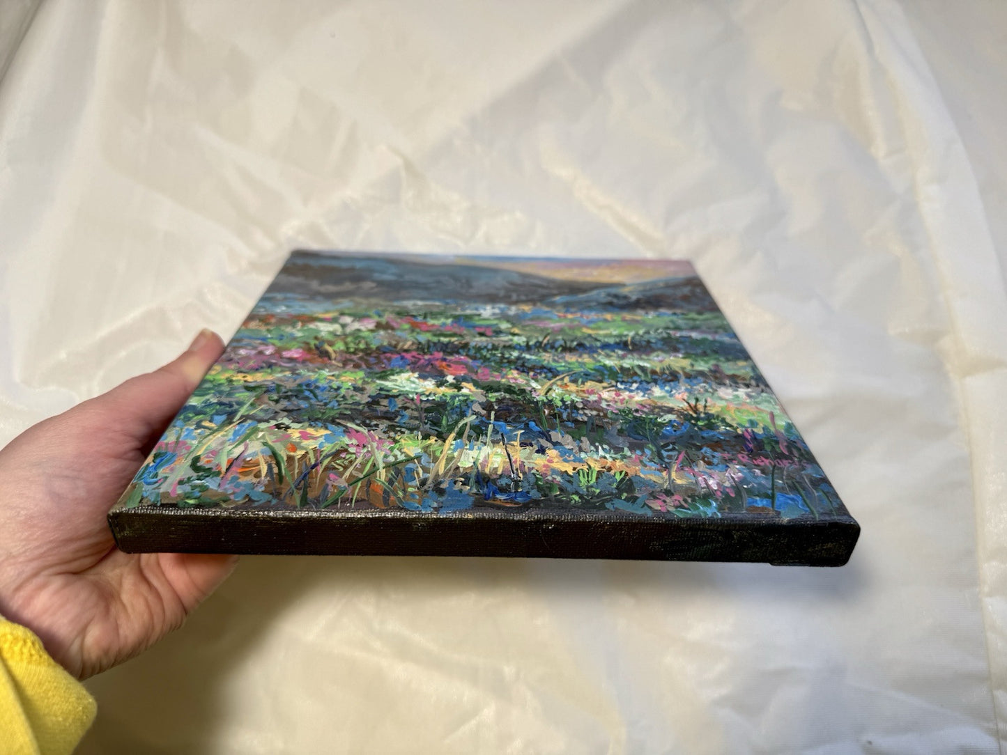 Meadow Flower Field Acrylic painting ORIGINAL art Mountain Sunset Landscape 8x8"