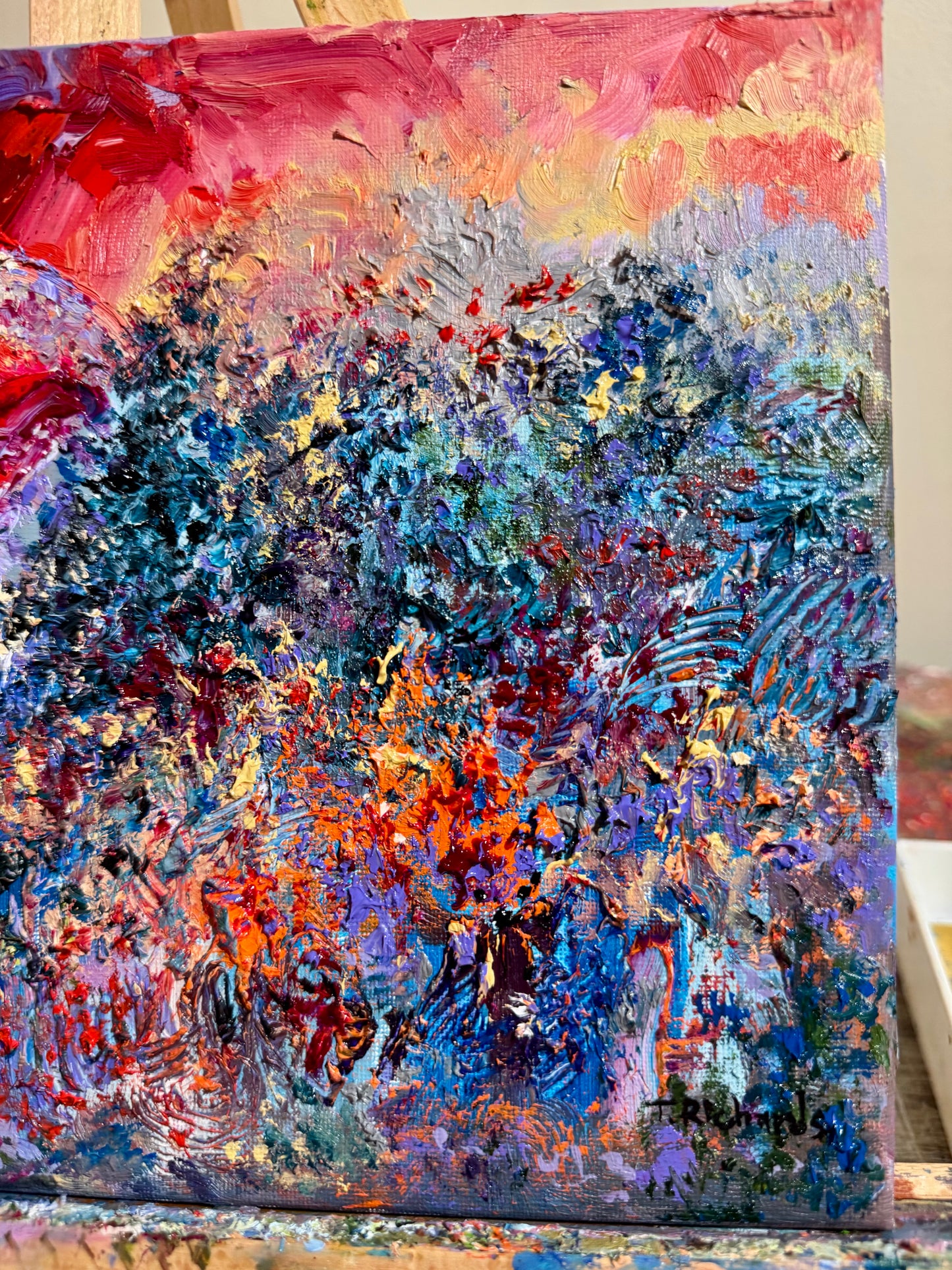 Original Oil Painting 9x12" – Blood Red Moon Gothic Night Forest – Pine Tree Wall Art Witchy Textured Expressionist Nature Artwork