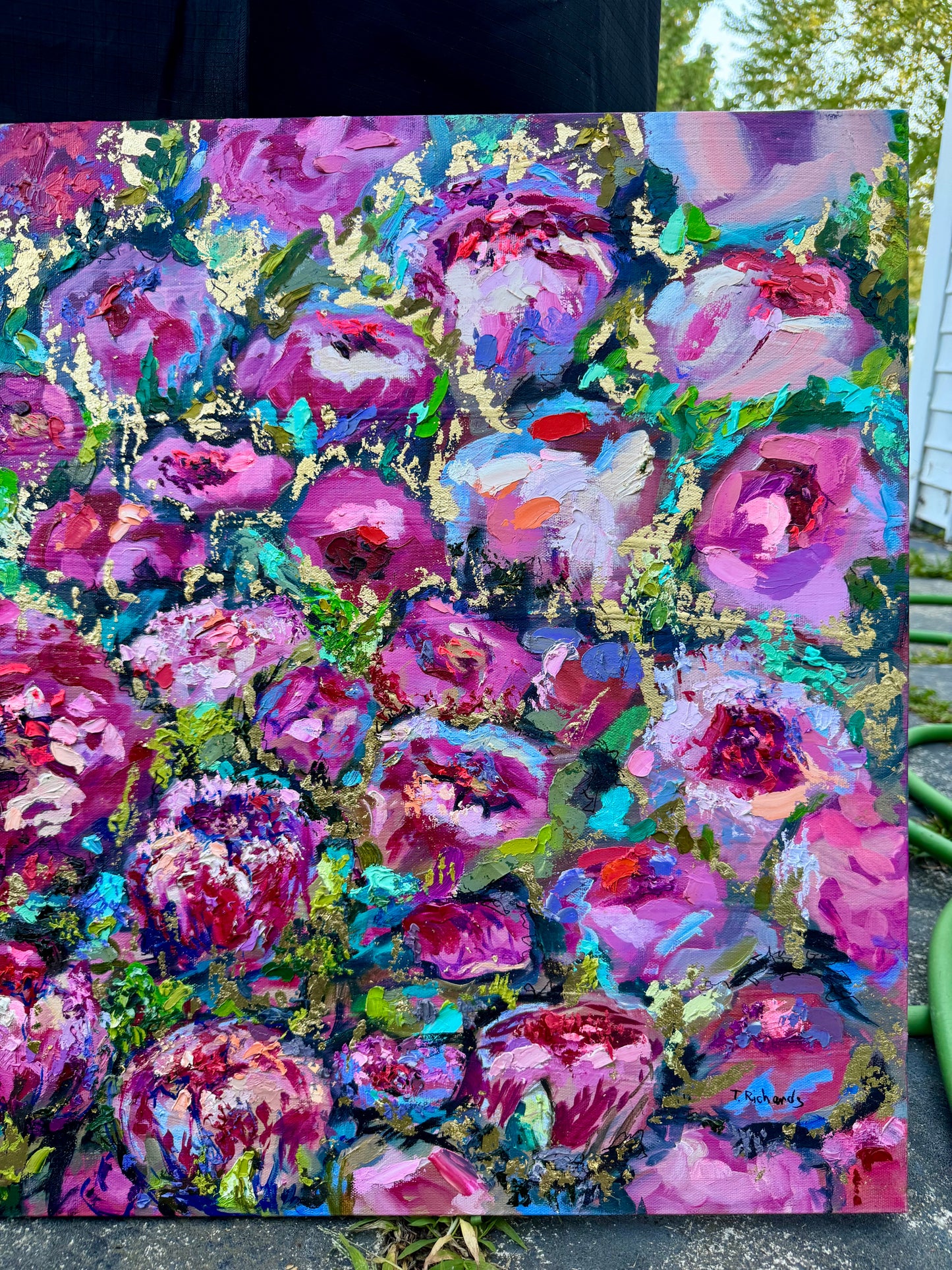 Peonies Original Art Oil Painting 24x36, Gold Leaf Floral Wall Art, Large Flowers Botanical Canvas Artwork