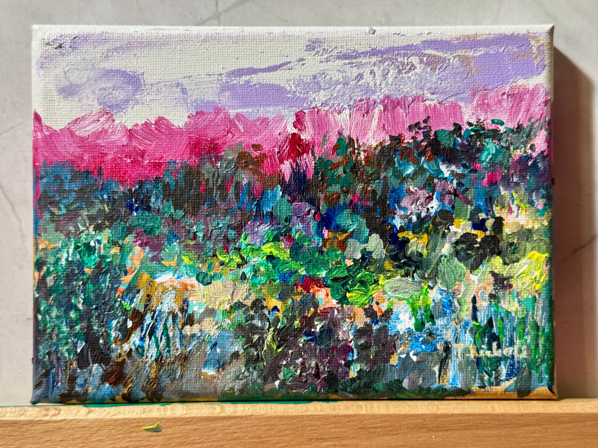 Wildflower Field Landscape Acrylic Painting 5x7", Original Art Meadow Art, Nature Artwork