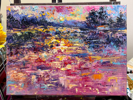 Red Sunset Original Art Oil Painting 12x16, Lake Seascape, Pine Tree Landscape Reflection Artwork