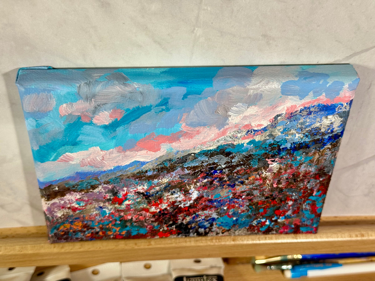 Blueberry Field Acrylic Painting 5x7", Maine Original Art, Landscape Wall Art