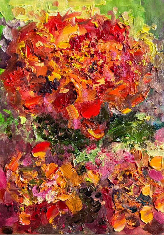 Red Marigolds Oil Painting 5x7, Original Art Floral Still Life on Panel, Red Flower Wall Art, Small Artwork Botanical Oil Decor