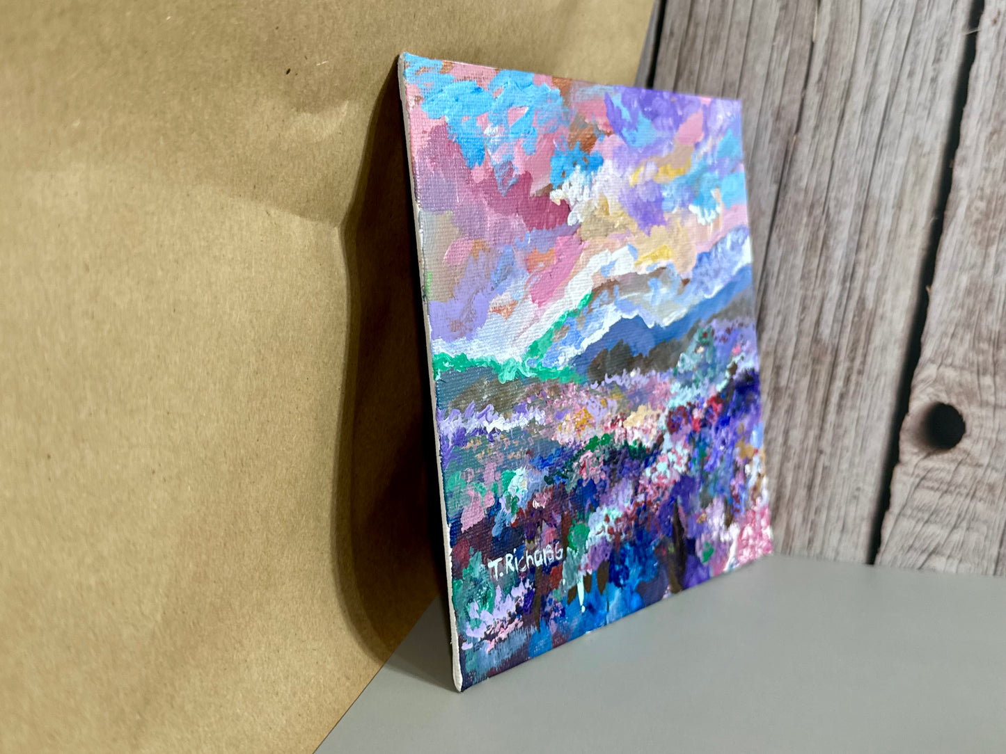 Meadow Acrylic Painting 6x6, Original Art Landscape, Sunset Field Nature Artwork