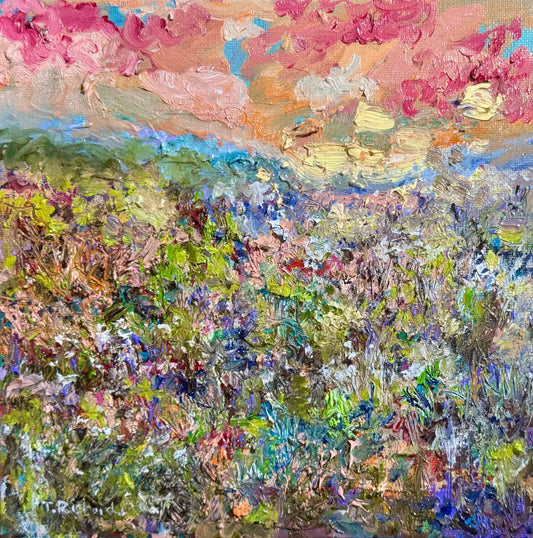 Sunset Oil Painting 8x8, Original Art, Wildflower Field Artwork, Pink Sky Landscape, Nature Wall Decor