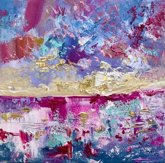 Original Oil Painting 8x8" – Ocean Sunrise Seascape – Small Sunset Landscape on Canvas – Coastal Wall Art – Soft Sky Sea Scene