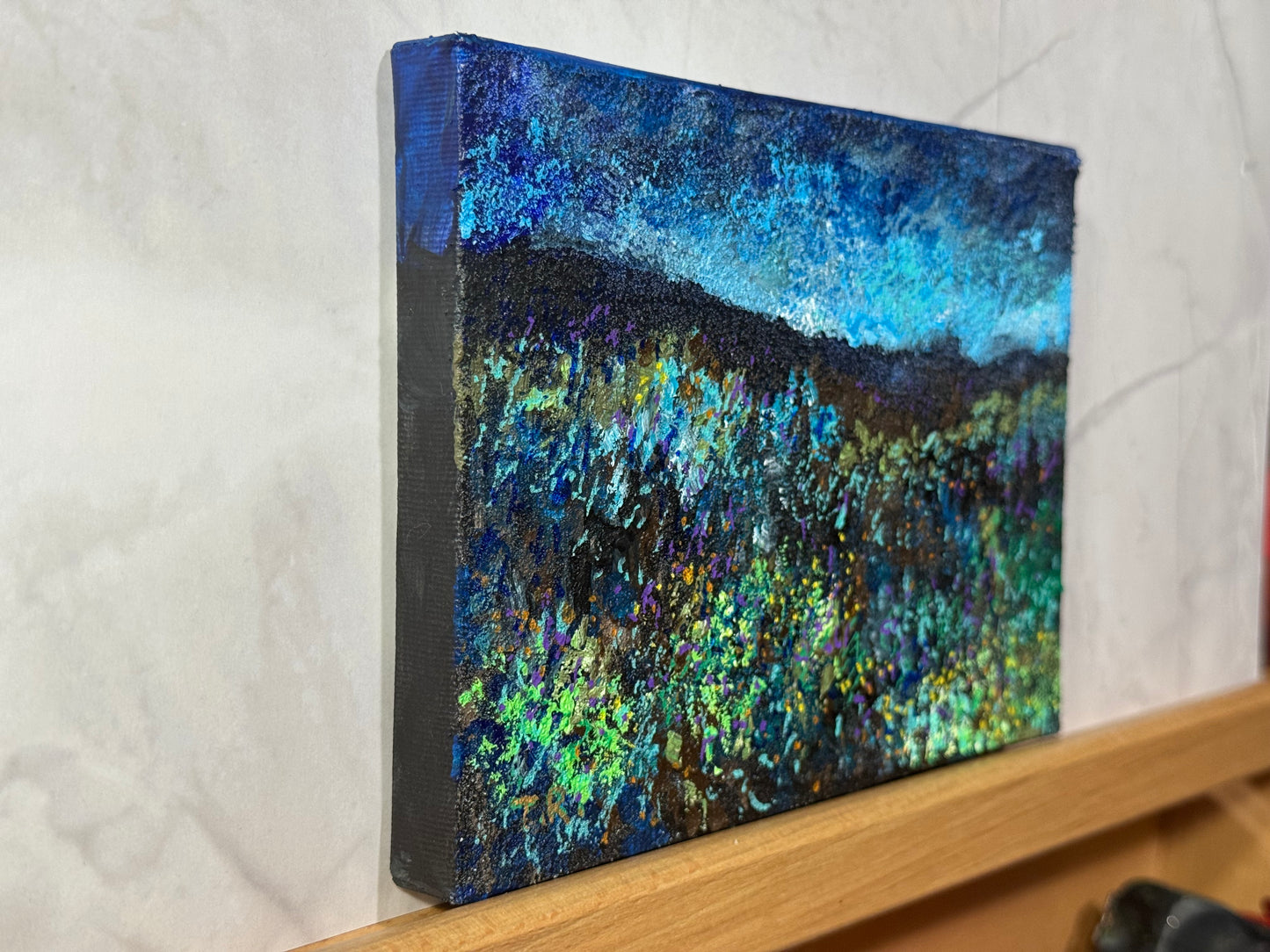 Blue Hour Acrylic Painting 5x7", Original Art Wildflower Night Field Prairie Landscape Wall Art