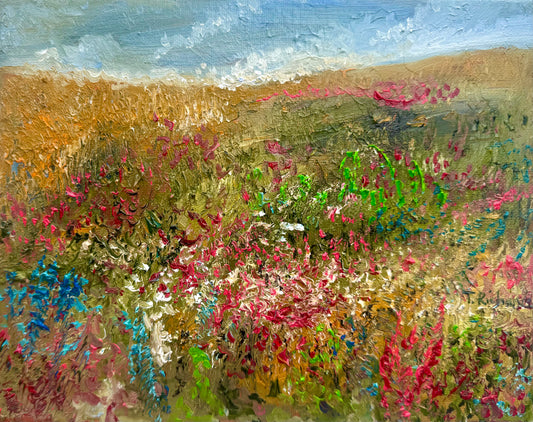 Original Oil Painting 8x10" – Windflower Field Landscape – Moody Gray Sky and Forest – Brown Meadow Wall Art – Nature Scene on Canvas