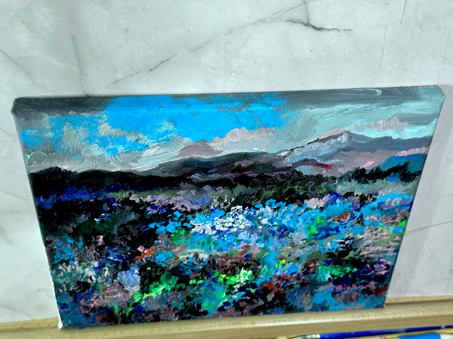 Blue Hour Acrylic Painting 8x10", Original Art Wildflower Night Field Landscape