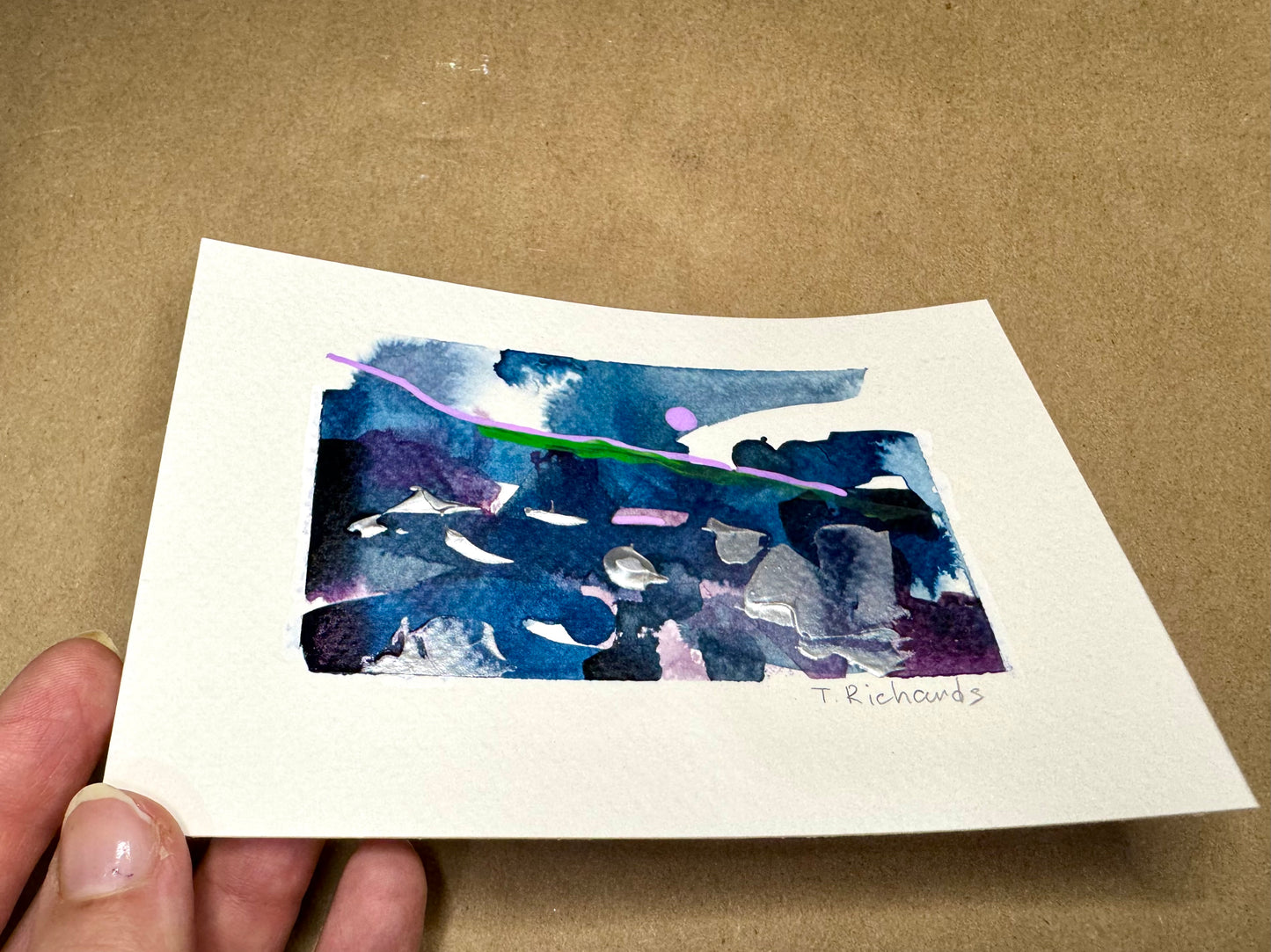 Blue Hour Abstract Painting Original Art Landscape, Acrylic on Paper 4x6”