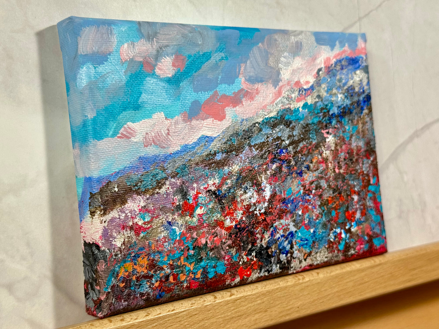 Blueberry Field Acrylic Painting 5x7", Maine Original Art, Landscape Wall Art