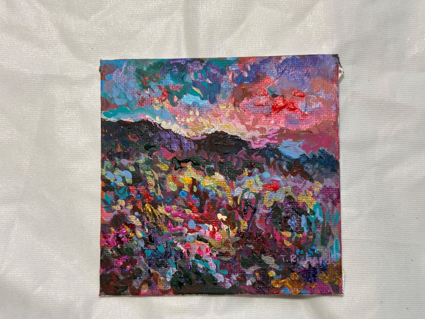 Wildflower field Original art Landscape flower floral Acrylic Painting 4x4”
