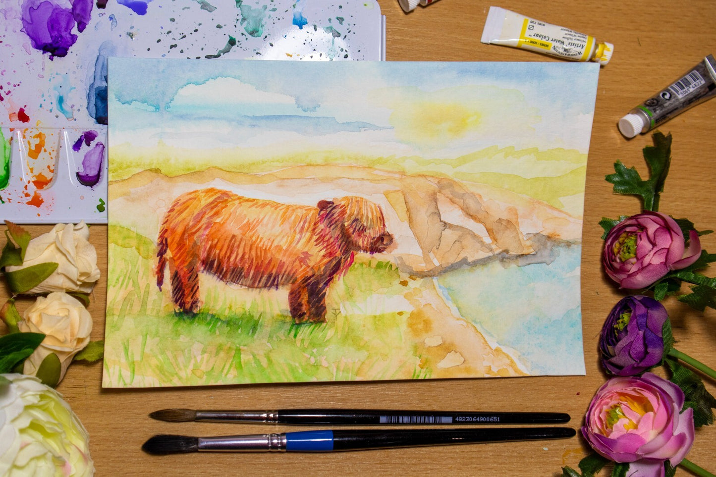 Watercolor painting ORIGINAL art Highland cow landscape 6x9"