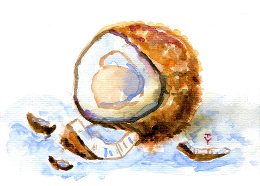 WATERCOLOR Painting ORIGINAL Art Coconut food nut fruit still life wall art 5x7"