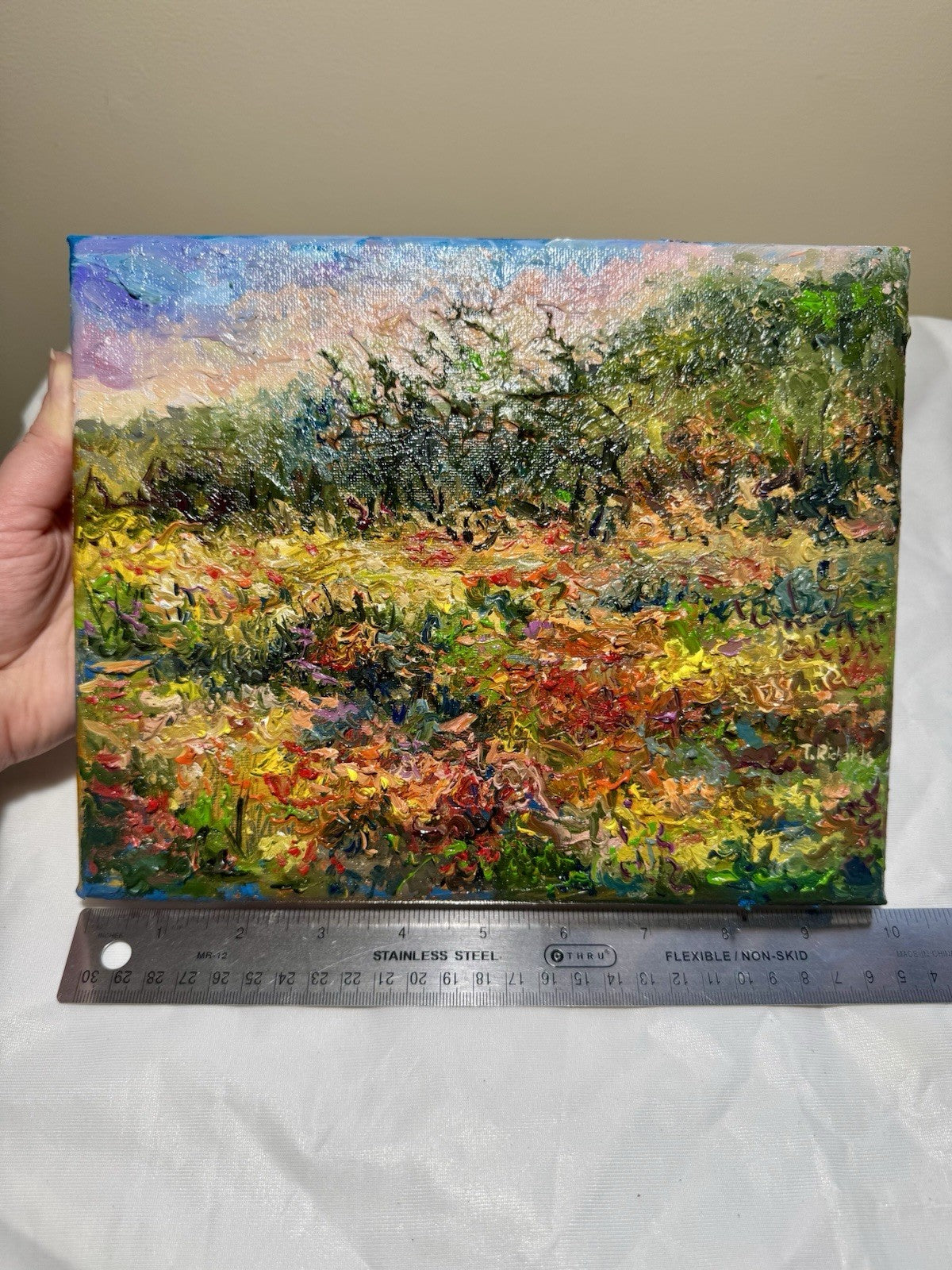 Oil painting ORIGINAL art field Windflower artwork Landscape flowers Forest 8x10